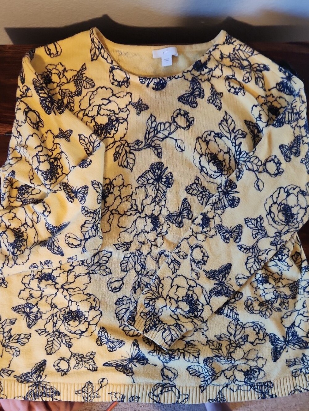 J. Jill Yellow Crewneck Sweater with Navy Floral Print Sz S